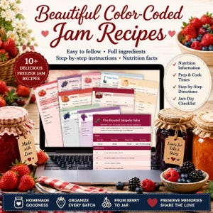 May include: A digital display showing color-coded jam recipe cards with text including Beautiful Color-Coded Jam Recipes, Fire Roasted Jalapeno Salsa, and 10+ Delicious Freezer Jam Recipes. The screen is surrounded by jars of jam and fresh berries.