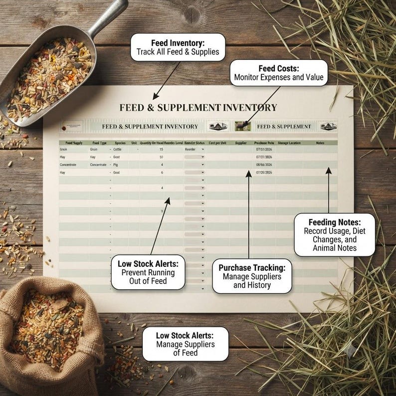 May include: A printed Feed & Supplement Inventory tracking sheet with columns for food type, species, quantity, and purchase date. The document includes labels for Feed Inventory, Feed Costs, Low Stock Alerts, Purchase Tracking, and Feeding Notes.