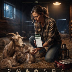 May include: A digital advertisement for a Homestead Livestock Management System featuring a person in a barn with goats. Text reads: 2:17 A.M. AND SOMETHING ISN'T RIGHT. This is not the time to wonder where you wrote it down. Includes icons for health, breeding, births, veterinary, feed, expenses, and records.