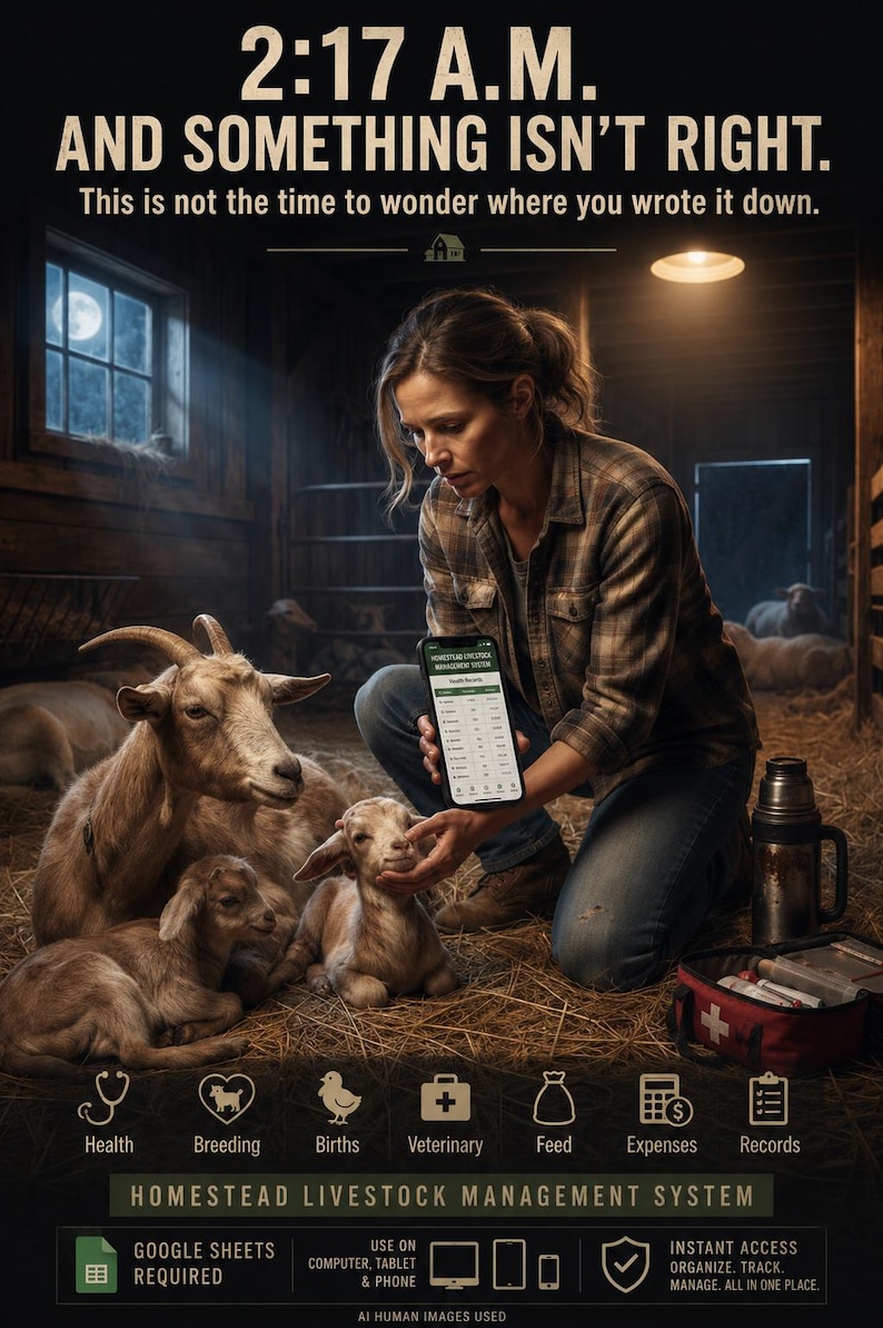 May include: A digital advertisement for a Homestead Livestock Management System featuring a person in a barn with goats. Text reads: 2:17 A.M. AND SOMETHING ISN'T RIGHT. This is not the time to wonder where you wrote it down. Includes icons for health, breeding, births, veterinary, feed, expenses, and records.