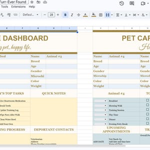 May include: A digital pet care dashboard spreadsheet with gold text headers reading PET CARE DASHBOARD and Happy pet, happy life. The layout includes sections for pet details, daily schedules, top tasks, training progress, and contacts.