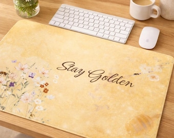 Alfombrilla de escritorio Stay Golden, alfombrilla de escritorio con diseño de abeja, alfombrilla de ratón floral XL, decoración estética para el espacio de trabajo, alfombrilla de escritorio color miel y oro, alfombrilla de oficina con diseño de flores silvestres.