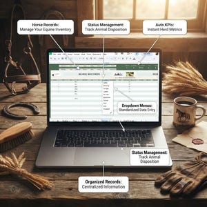May include: A laptop displaying a spreadsheet titled Horse Records with dropdown menus for status management. Text labels include Horse Records: Manage Your Equine Inventory, Status Management: Track Animal Disposition, Auto KPIs: Instant Herd Metrics, Dropdown Menus: Standardized Data Entry, and Organized Records: Centralised Information.