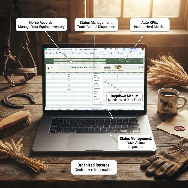May include: A laptop displaying a spreadsheet titled Horse Records with dropdown menus for status management. Text labels include Horse Records: Manage Your Equine Inventory, Status Management: Track Animal Disposition, Auto KPIs: Instant Herd Metrics, Dropdown Menus: Standardized Data Entry, and Organized Records: Centralised Information.