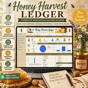 May include: A digital Honey Harvest Ledger beekeeping record system displayed on a laptop screen, featuring data tables, charts, and inventory tracking. The interface includes text labels, icons, and a sidebar menu for managing apiary harvest records.