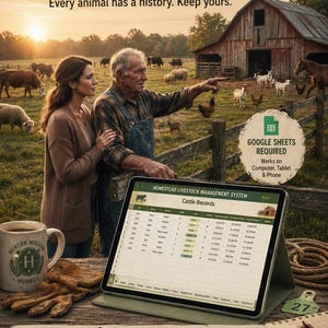 May include: A digital tablet displays a Homestead Livestock Management System spreadsheet for cattle records. The screen shows columns for ID, name, breed, sex, status, purchase date, purchase price, current value, and notes on a wooden table.
