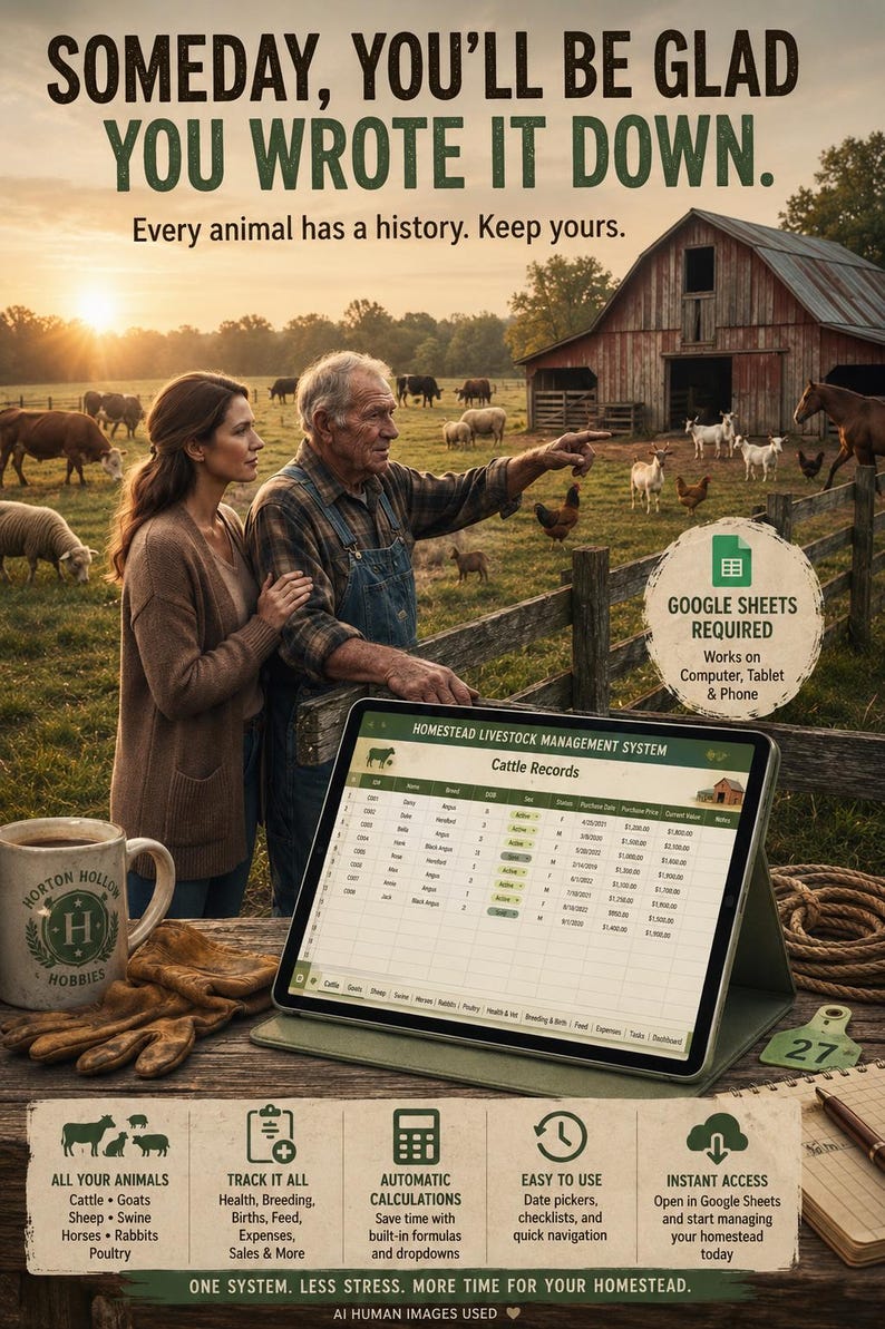 May include: A digital tablet displays a Homestead Livestock Management System spreadsheet for cattle records. The screen shows columns for ID, name, breed, sex, status, purchase date, purchase price, current value, and notes on a wooden table.