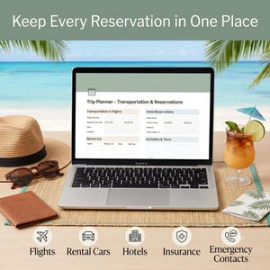 May include: A laptop displaying a digital trip planner with sections for transportation, flights, hotel reservations, rental cars, and activities. The screen text reads Keep Every Reservation in One Place and Trip Planner - Transportation & Reservations.
