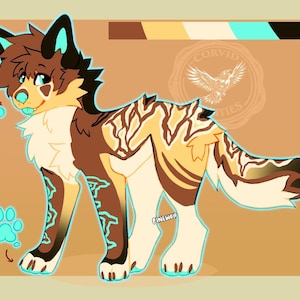 May include: A digital illustration of a stylized canine with brown, tan, and cream fur. The artwork features teal accents on the ears, paws, and other areas. The image includes a paw print and two floating circles. The artist's name, "pinewoif", is visible.