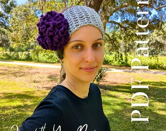Patrón de diadema de claveles a crochet para principiantes en 6 tamaños / Calentador de orejas floral (PDF)