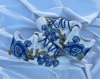 Embroidered Nike Air Force 1 Sneakers, 3D Royal Blue Rose, Custom Shoes