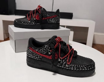 Custom Black Sneakers with Red Rhinestones – Luxury Handmade Streetwear Shoes