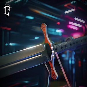 May include: A close-up of a sword with a silver blade and an orange and silver hilt. The handle is black and textured. The sword is displayed against a blurred background with neon lights.