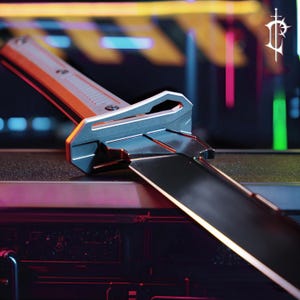 May include: A close-up of a silver and orange knife with a black blade. The handle has a textured design and is accented with orange. The blade is angled, reflecting the surrounding neon lights.