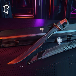 May include: A long, curved sword with a red and brown handle and a black blade. The sword rests on a black case with a matching sheath. A silver emblem and a small shield-shaped pin are also present.