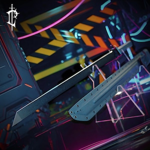 May include: A black sword with a straight blade and a gray sheath. The sword is angled, with a black handle. The sheath has multiple holes. The background has neon lights and a logo in the upper left corner.