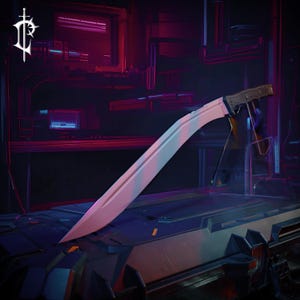 May include: A curved sword with a light pink blade and a black handle. The sword is set against a futuristic, industrial background with red and blue lighting. The blade has a sharp point.