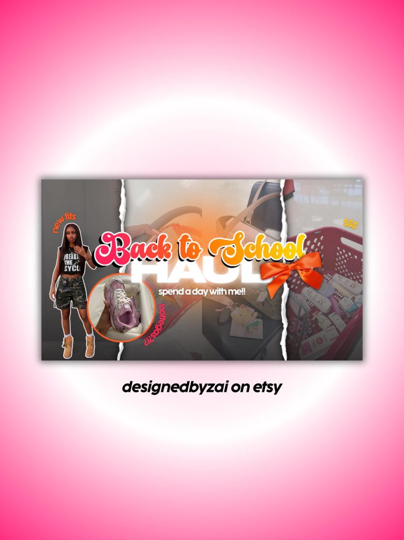 May include: A promotional image with the text "Back to School" in orange and pink. The image includes a person wearing a black top and camouflage shorts, a pair of purple sneakers, and a red basket with an orange bow. The text "designedbyzai on etsy" is also present.