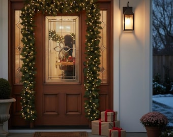 Christmas Wreath With Plaid Poinsettias, Faux Green Boughs, 4