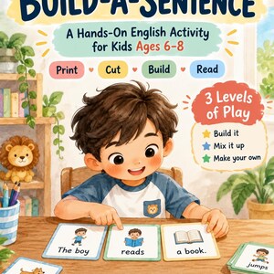 Può includere: Un set di attività educativa Build-A-Sentence per bambini dai 6 agli 8 anni. La copertina mostra un bambino che dispone carte con parole e illustrazioni come The boy, reads, a book, The dog, The girl, a ball, in the park, jumps e eats.