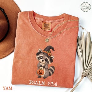 May include: A burnt orange t-shirt featuring a graphic of a raccoon wearing a witch hat and holding a small pumpkin. The text "PSALM 23:4" is printed in white at the bottom. The shirt has a Comfort Colors label and a crew neckline.