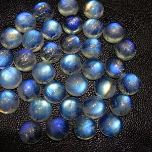 K&ouml;nnte beinhalten: Eine Sammlung runder, polierter Mondstein-Cabochons. Die Steine zeigen eine Reihe von Blau- und Wei&szlig;t&ouml;nen mit einer schimmernden, irisierenden Qualit&auml;t. Die Cabochons sind auf einer dunklen, strukturierten Oberfl&auml;che angeordnet.