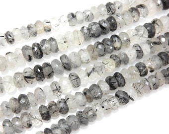 Facettierte schwarze Rutilquarz Perlen: 8 mm Rondell, AAA Qualität