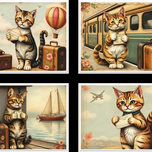 May include: Four vintage-style illustrations featuring a tabby cat with luggage and travel-themed backgrounds. One image shows a hot air balloon, another a train, a sailboat, and an airplane. Each cat holds a ticket.