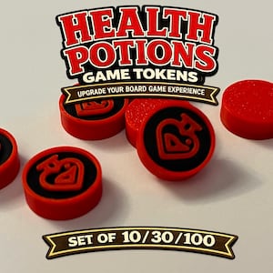 May include: Red and black game tokens with a stylized heart icon. The tokens are labeled "Health Potions Game Tokens" and "Upgrade Your Board Game Experience." The set includes 10, 30, or 100 tokens.