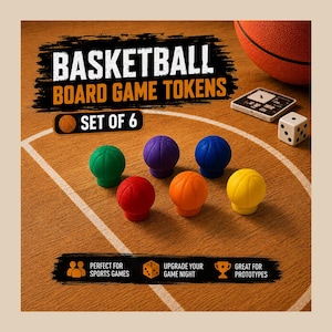 May include: Set of six colorful basketball-shaped board game tokens. The tokens are green, red, purple, orange, blue, and yellow. The image also includes a basketball, dice, and a game timer. Text on the image reads "BASKETBALL BOARD GAME TOKENS SET OF 6".