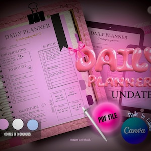 May include: Pink undated daily planner with a spiral binding, featuring sections for top priorities, to-do lists, and gratitude. The image includes the text "DAILY PLANNER" and "UNDATED", and the planner is available in three colours.