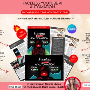 May include: A digital product bundle for Faceless YouTube AI Automation featuring a spiral-bound ebook, a laptop screen displaying the same title, and various informational pages. Text includes Faceless YouTube AI Automation, 4.8M Views, £27K Revenue, and PLR.