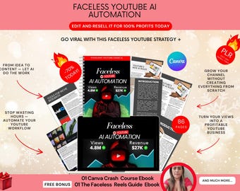Puede incluir: Un paquete de productos digitales para Faceless YouTube AI Automation que incluye un libro electrónico con espiral, una pantalla de portátil con el mismo título y varias páginas informativas. El texto incluye Faceless YouTube AI Automation, 4.8M Views, $27K Revenue y PLR.