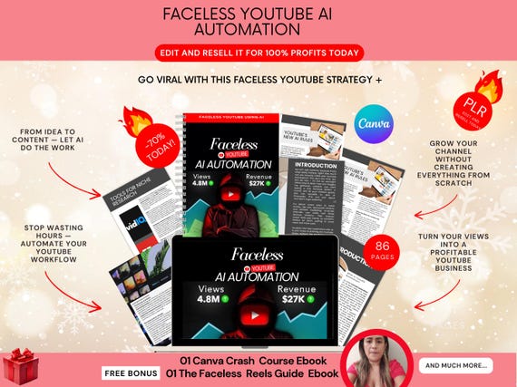 Faceless YouTube AI Automation Ebook:Canva Template, PLR & MRR