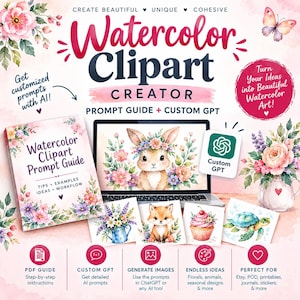 Op de afbeelding: Een digitale productset genaamd Watercolor Clipart Creator met een promptgids, een aangepast GPT-pictogram en een laptop met een konijnenillustratie, inclusief bloemmotieven, een vlinder en diverse aquarel-stijl afbeeldingen.