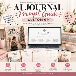 May include: An AI Journal Prompt Guide and Custom GPT digital product set featuring a laptop displaying a Planner and Journal Genie interface, a book titled The Soho Woman, and various printed journal page templates with prompts for gratitude, intentions, and mood.