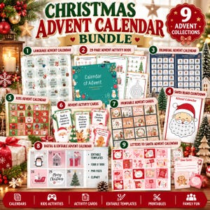 Peut inclure: Un ensemble de calendriers de l'Avent de Noël comprenant neuf collections distinctes avec des livres d'activités, des cartes imprimables, un compte à rebours barbe de Père Noël et des modèles numériques, illustrés de graphismes festifs.
