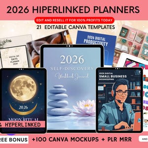 Könnte beinhalten: Werbung für digitale Planer 2026, mit Mockups von Tablets und Notizbüchern. Das Bild enthält den Text "2026 Hiperlinked Planners" und "Edit and Resell it for 100% Profits Today". Die Planer behandeln Themen wie Selbstfindung, Produktivität und Buchhaltung für kleine Unternehmen.