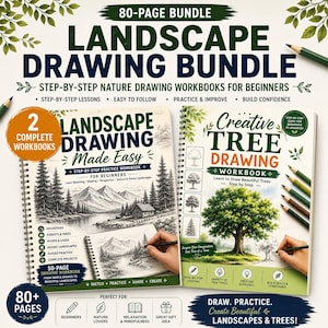 May include: An 80-page landscape drawing bundle featuring two spiral-bound workbooks. The left book is titled Landscape Drawing Made Easy, and the right book is titled Creative Tree Drawing Workbook. Both books include step-by-step drawing lessons.