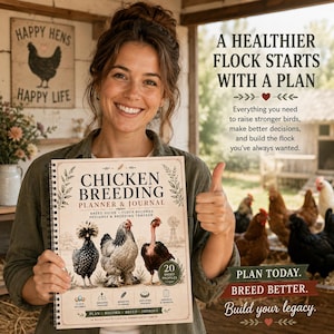 May include: A spiral-bound Chicken Breeding Planner & Journal featuring illustrations of three chickens on the cover. The cover text reads Chicken Breeding Planner & Journal, Breed Guide, Flock Records, Pedigree & Breeding Tracker, and 20 Breed Profiles.