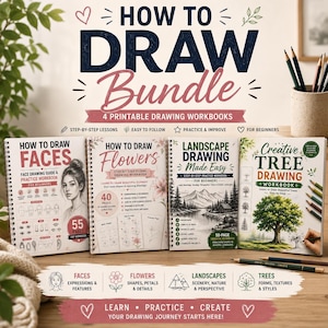Può includere: Un set di quattro quaderni di disegno rilegati a spirale intitolati How to Draw Faces, Flowers, Landscape Drawing Made Easy e Creative Tree Drawing Workbook. Le copertine presentano testi didattici e varie illustrazioni.