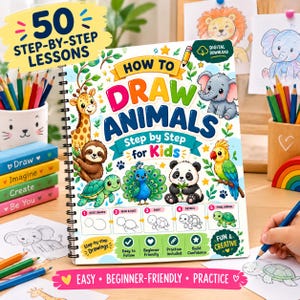 May include: A spiral-bound instructional drawing book titled How to Draw Animals Step by Step for Kids, featuring colorful illustrations of a giraffe, elephant, sloth, turtle, peacock, panda, and parrot, with a 50 step-by-step lessons badge.