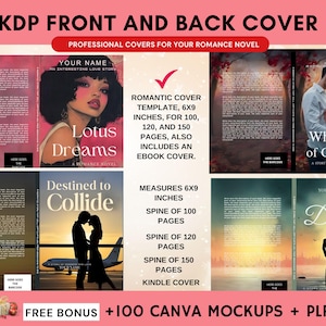 May include: A promotional image for romance novel covers. The image showcases various book cover designs, including "Lotus Dreams", "Whispers of Crimson", "Destined to Collide", and "Serenade of the Dove". The covers are 6x9 inches and available for 100, 120, and 150 pages.