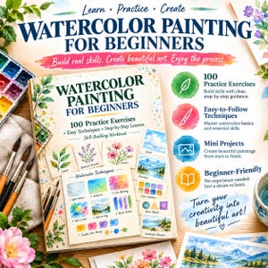 Puede incluir: Un libro de instrucciones de tapa blanda titulado Watercolor Painting for Beginners que incluye 100 ejercicios prácticos, técnicas sencillas y lecciones paso a paso. La portada muestra ilustraciones en acuarela de hojas, flores y paisajes junto a una paleta de pinturas.