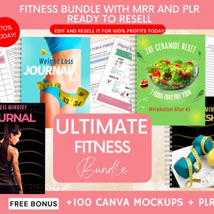 May include: A fitness bundle with journals, a weight loss guide, and a mindset sheet. The image includes a red circle with the text "-70% TODAY!" and the words "ULTIMATE FITNESS Bundle". There is also a gift box and a dumbbell.