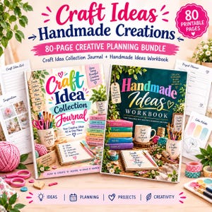 May include: A creative planning bundle featuring two books titled Craft Idea Collection Journal and Handmade Ideas Workbook. The set includes 80 printable pages with various planning sheets, project planners, and colour palettes for organising handmade projects.