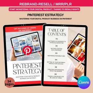 May include: Two tablets displaying a Pinterest strategy guide. The left tablet shows a Pinterest logo and the words "Faceless" and "Pinterest Strategy". The right tablet displays a table of contents. The image includes the text "Rebrand-Resell / MRR/PLR".