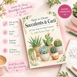 May include: A softcover instructional book titled How to Draw Succulents & Cacti with 20 easy step-by-step lessons and practice pages. The cover features illustrations of various potted succulents and cacti in colorful ceramic containers.