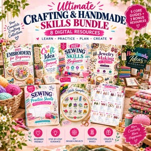 Puede incluir: Un paquete digital titulado Ultimate Crafting & Handmade Skills Bundle que incluye ocho recursos, entre ellos 2027 Embroidery for Beginners, Craft Idea Collection Journal, 2027 Sewing Skills for Beginners, Jewelry Making y Handmade Ideas Workbook.