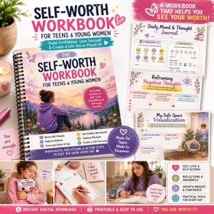 Può includere: Un quaderno di esercizi sull'autostima per adolescenti e giovani adulti con una copertina raffigurante un paesaggio al tramonto. Include pagine per il monitoraggio dell'umore, la riformulazione dei pensieri negativi e la visualizzazione.